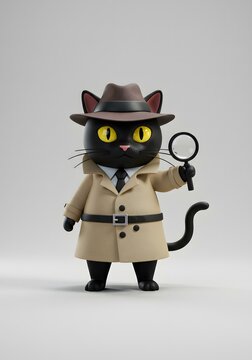 Adorable 3D Render of a Black Cat Detective with Magnifying Glass