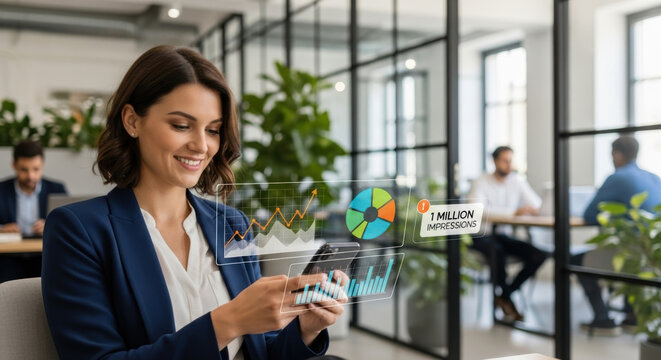 Latin woman analyzing a futuristic financial interface