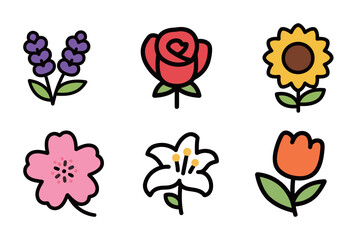 Colorful cartoon flower icons on a light gray background