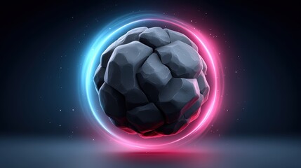 Naklejka premium A dreamy 3D render of a cracked obsidian planet with soft glowing surface textures, surrounded by glowing particle rings. Set against a deep black space background, the scene features soft rim light,