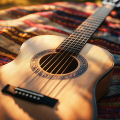 Fototapeta premium Acoustic guitar on patterned blanket in golden sunlight
