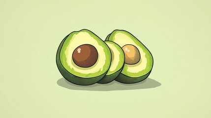 Illustration of three avocados cut in half on a light green background