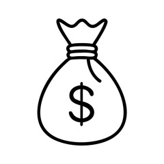 Money bag icon in black line style on white background
