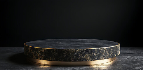 Dark stone round podium with golden edges on matching surface against black background