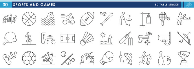 A set of line icons related to Sports and Games. Games, sports, football, volleyball, golf, cricket, e-sports, Olympic and so on. Vector editable stroke.