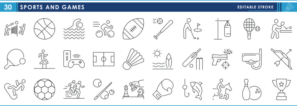 A set of line icons related to Sports and Games. Games, sports, football, volleyball, golf, cricket, e-sports, Olympic and so on. Vector editable stroke.