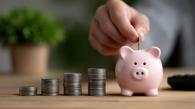 Close-up of piggy bank with hand placing coin, surrounded by budgeting tools and warm lighting for wealth planning and retirement savings, personal finance, money saving, wealth planning, retirement

