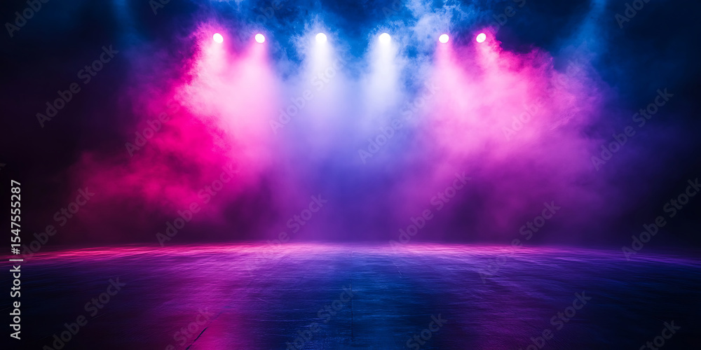 Poster empty stage illuminated by colorful spotlights and smoke creating an atmospheric scene for concerts 