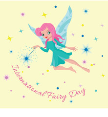 Obraz premium International Fairy Day, Vector illustration of a fairy tale fairy with a magic wand and stardust on a light yellow background 