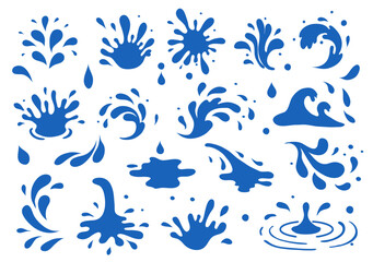 Splash silhouette with droplets. Water drops shapes, wave silhouette, liquid burst splashes. Ink blot hand drawn vector set illustration