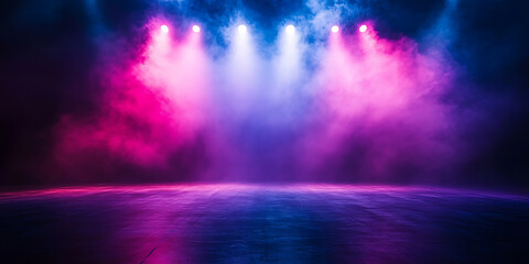 Fototapeta premium Empty stage illuminated by colorful spotlights and smoke creating an atmospheric scene for concerts and performances