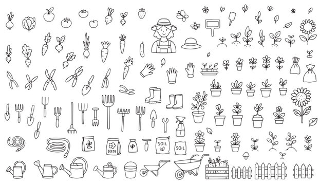Garden tools collection, doodle icons of gardening and farming equipment, wheelbarrow, pruning shears, watering can, gardening tool set, isolated color clipart on white background. Vector 
