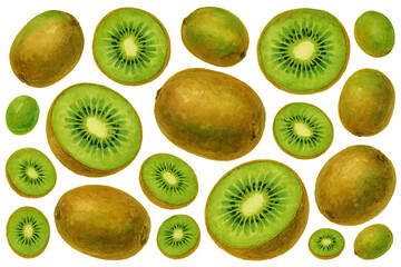Fototapeta premium Png watercolor set of kiwis with whole and sliced fruit isolated on transparent background. concept of tropical illustration, exotic fruit design, botanical clip art for decor