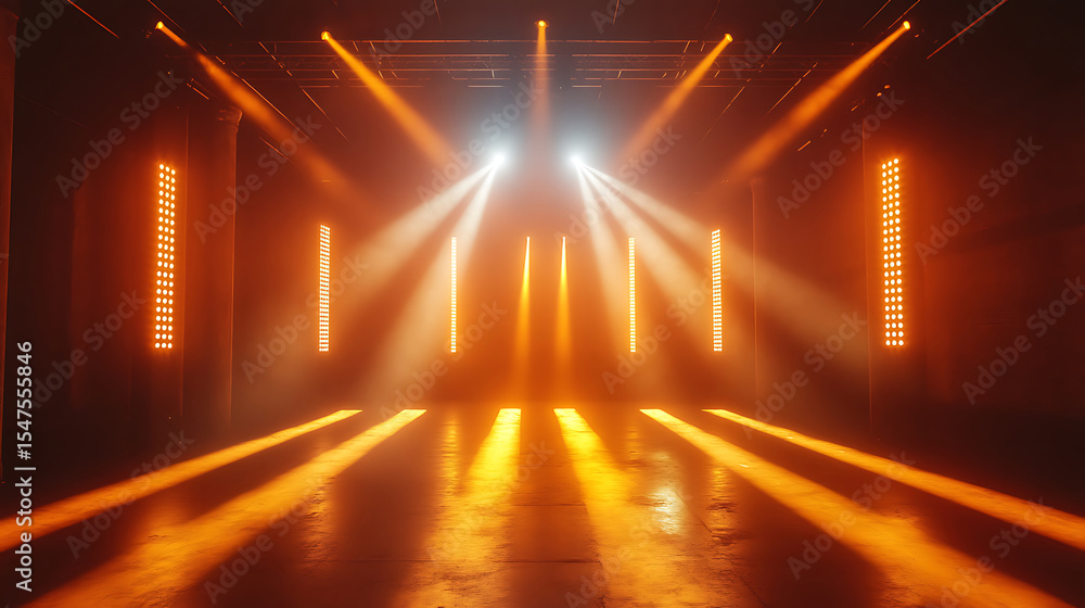 Poster empty stage illuminated by striking orange lights and bright spotlights creating atmospheric scene f