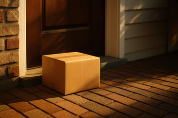 Cardboard box on doorstep in warm sunlight creating cozy mood