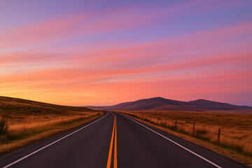 Open road at sunset with colorful sky and distant hills creating peaceful mood