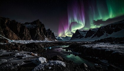 Naklejka premium Majestic Aurora Borealis Dancing Over Arctic Mountains