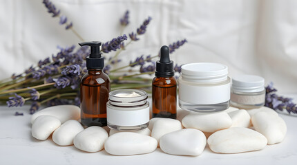 Fototapeta premium Natural cosmetics and lavender flowers resting on white stones