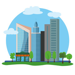 Modern city buildings design, flat cartoon element