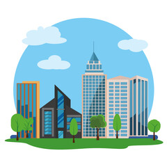 Modern city buildings design, flat cartoon element