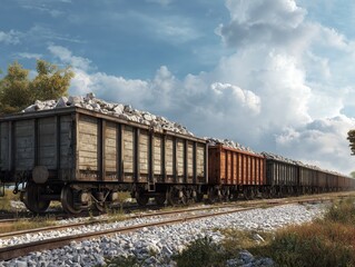 Fototapeta premium Freight train loaded with logs traveling on railroad tracks through rural countryside