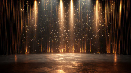Empty stage with elegant dark curtains and golden glittering lights for festive celebratory events and entertainment presentations