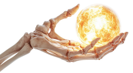 Skeletal hand gently cradles glowing orb, creating eerie yet captivating scene., isolated
