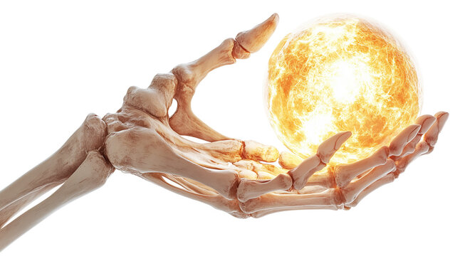 Skeletal hand gently cradles glowing orb, creating eerie yet captivating scene., isolated