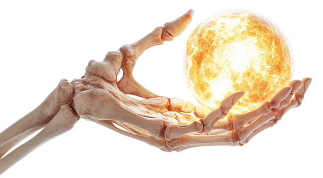 Skeletal hand gently cradles glowing orb, creating eerie yet captivating scene., isolated