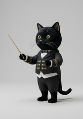 Obraz premium Cute Black Cat Conductor in Formal Wear, 3D Render