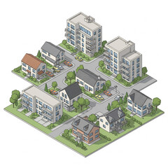 Isometric vector illustration of modern real estate neighborhood, includes houses, apartment buildings, trees, roads, and parked cars, clean lines, editable paths, minimal color palette, white backgro