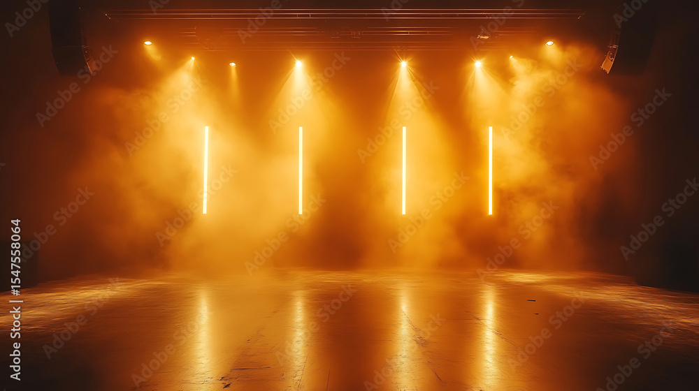 Poster empty stage with yellow light bars and smoke creating a dramatic effect on a shiny floor for a perfo