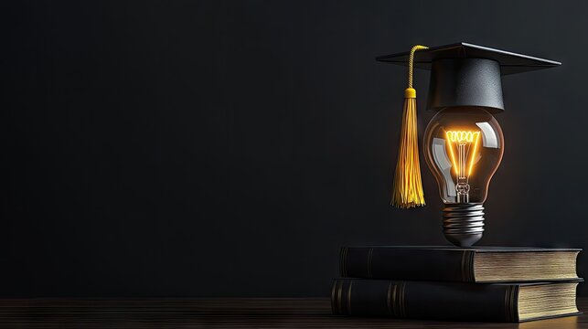 Illuminated graduation cap atop a glowing lightbulb resting on books. - Powered by Adobe