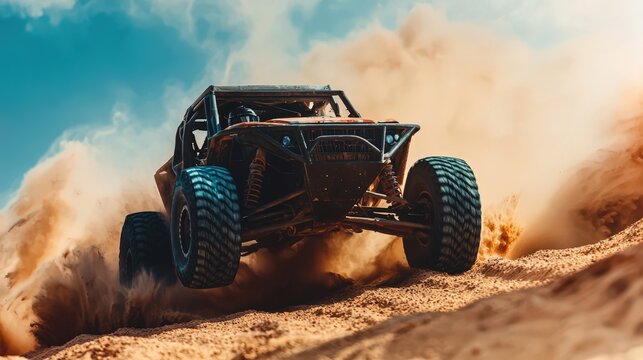 Off-road dune buggy racing through desert terrain at high speed