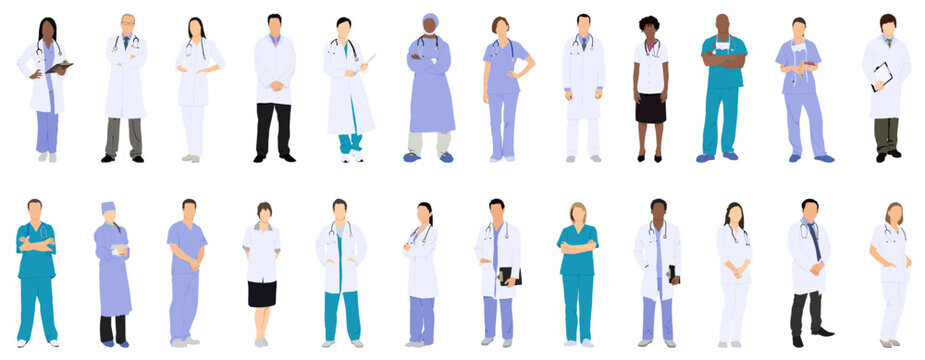 Hospital doctors and nurses. Doctor with stethoscope, nurse in scrubs and face mask. Medical student volunteer and intern character. Medical staff vector illustration. Profession physician in uniform