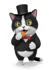 Cute Cartoon Cat in Tuxedo Eating Cookie, 3D Render