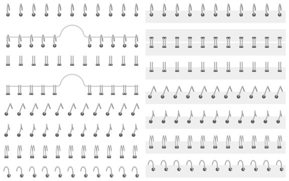 Minimalistic vector illustration of notebook coil and wire bindings in various motion frames. Perfect for design mockups, animation assets, and presentations.