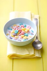 Bowl Fruity Cereal Pastel Rainbow Colors Milk Placed Soft Yellow