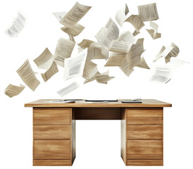 Flying paperwork creates chaotic scene above wooden office desk., isolated