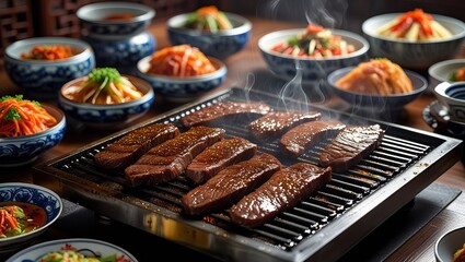Sizzling Beef Slices on Grill Asian Cuisine Table Setting