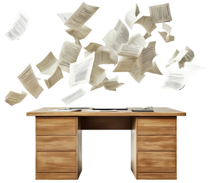 Flying paperwork creates chaotic scene above wooden office desk., isolated