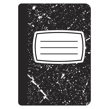 Traditional school composition notebook cover design in black and white with grunge texture and editable title label area. Classic black and white marble composition notebook cover with a label for