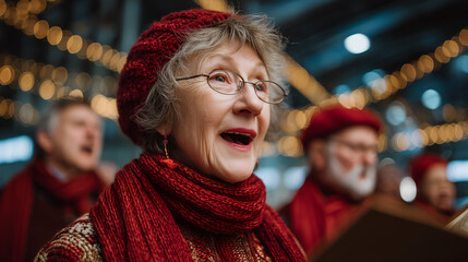 Elderly woman joyfully singing in a Christmas choir outdoors festive winter holiday season carol