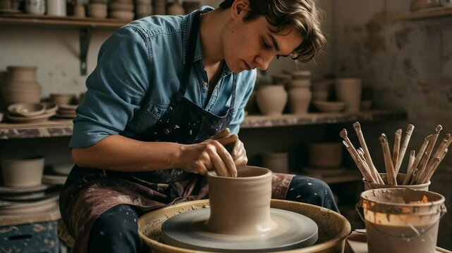 Caucasian man shaping clay pot on a pottery wheel in a cozy studio, traditional crafting art footage.