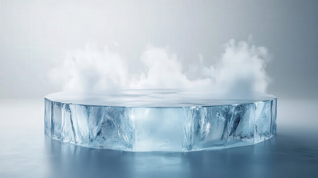 frosty circular ice podium is displayed minimalistic setting, surrounded by misty vapor that adds dramatic and ethereal effect. icy surface reflects light, enhancing its cool and elegant
