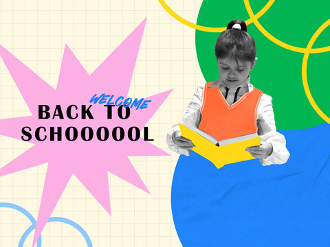 Fototapeta Bright editorial collage. A focused young girl in a bright outfit reads a book against a vibrant, patterned background with geometric shapes. Educational campaigns and ads