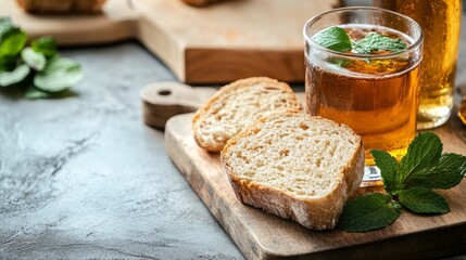 Freshly sliced bread on a wooden board accompanied by a refreshing drink garnished with mint leaves, creating a cozy and inviting culinary atmosphere for food lovers
