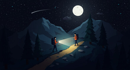 Night Hiking Scene – Isometric Mountain Trail Under Moonlight