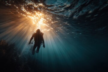 Fototapeta premium Diver exploring underwater world with beams of sunlight illuminating the ocean depths