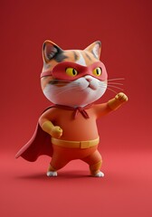 Cute Superhero Cat in Red Costume, 3D Render